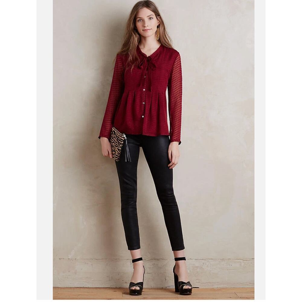 Meadow Rue Anthropologie Red Silk Blend Button Up Blouse Neck Tie Clip Dot sz M - Picture 3 of 14